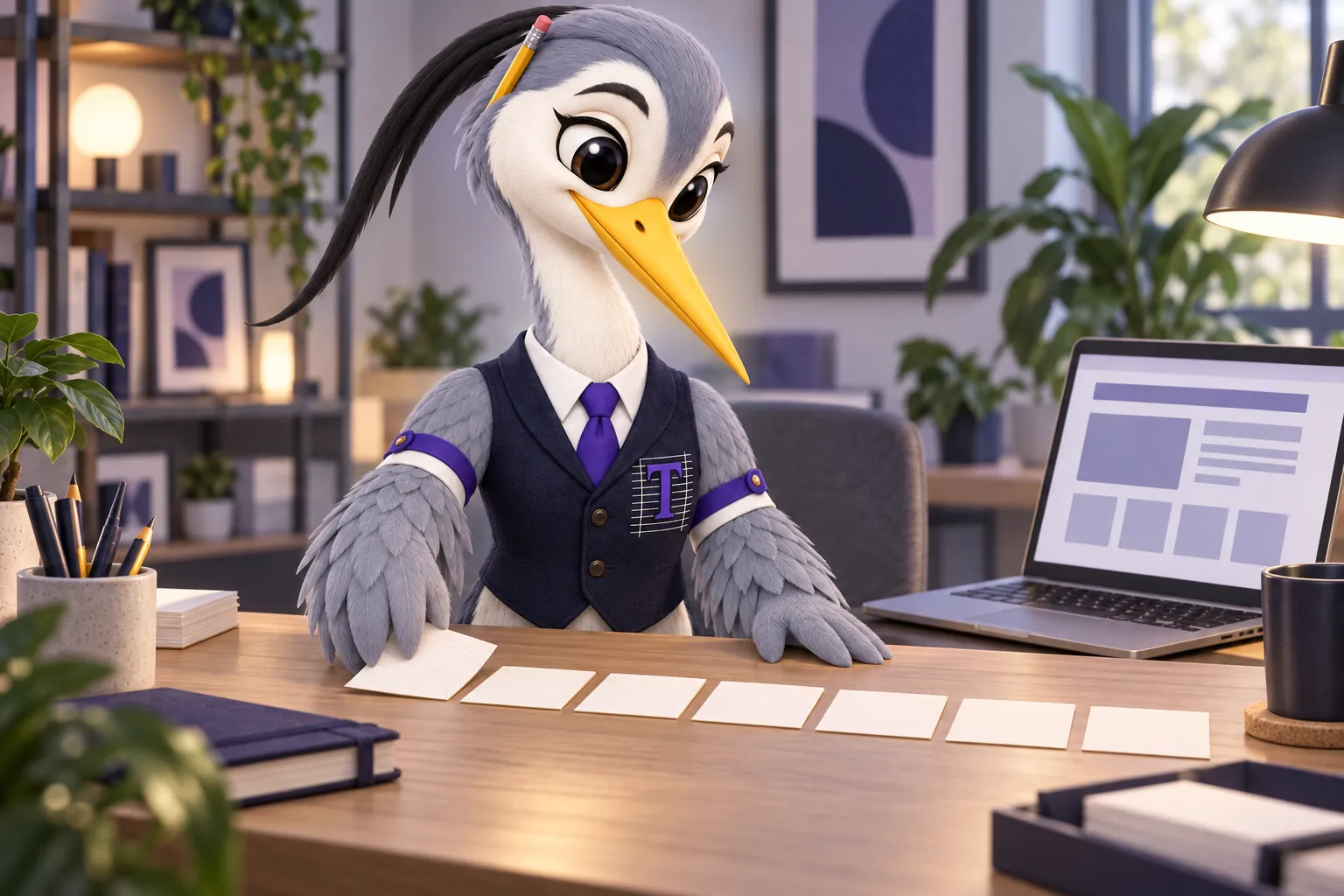Ticker the heron mascot laying out a row of blank index cards on a studio desk beside a laptop with a website wireframe
