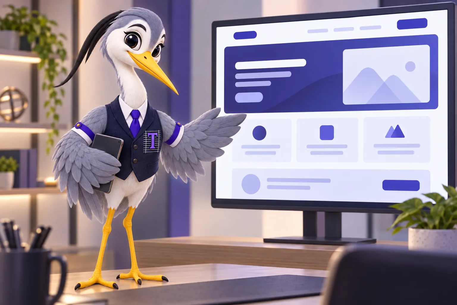 Ticker the heron mascot presenting a website layout on a large monitor with an open wing