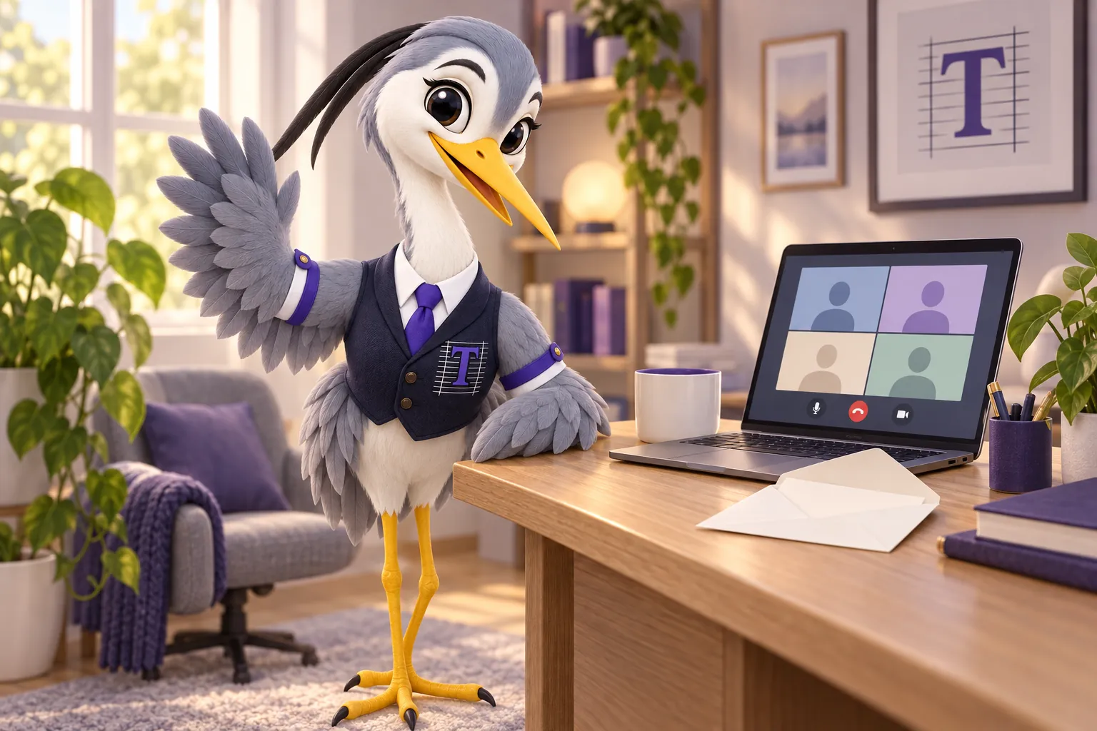 Ticker the heron mascot waving hello beside a desk with a laptop and an opened envelope