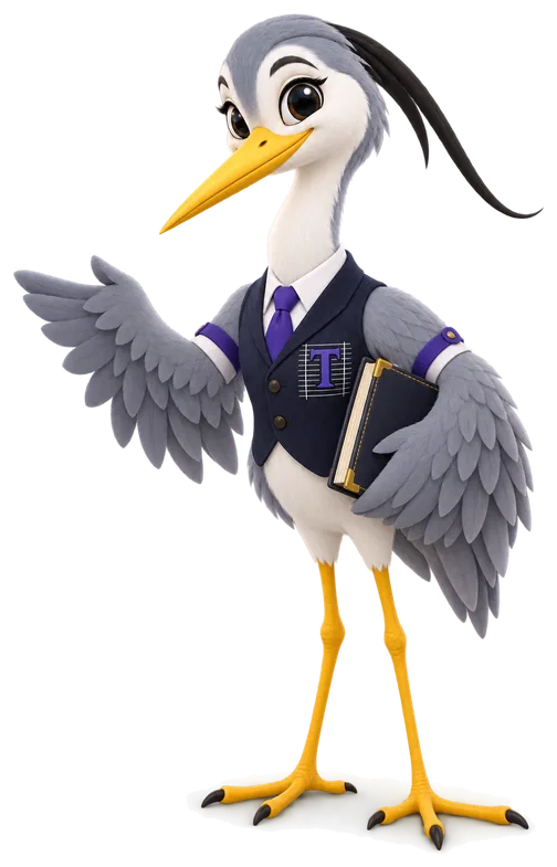 Ticker, the grey heron mascot in an indigo vest, presenting the intake form with an open wing
