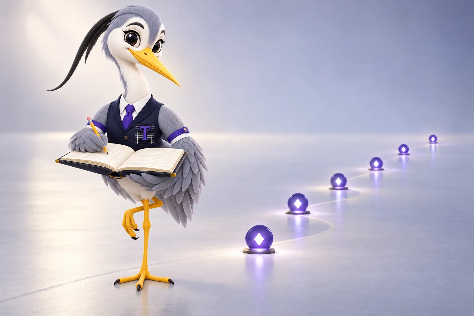 Ticker, the grey heron mascot in an indigo vest, standing on one leg with his ledger, looking along a path of glowing milestone markers