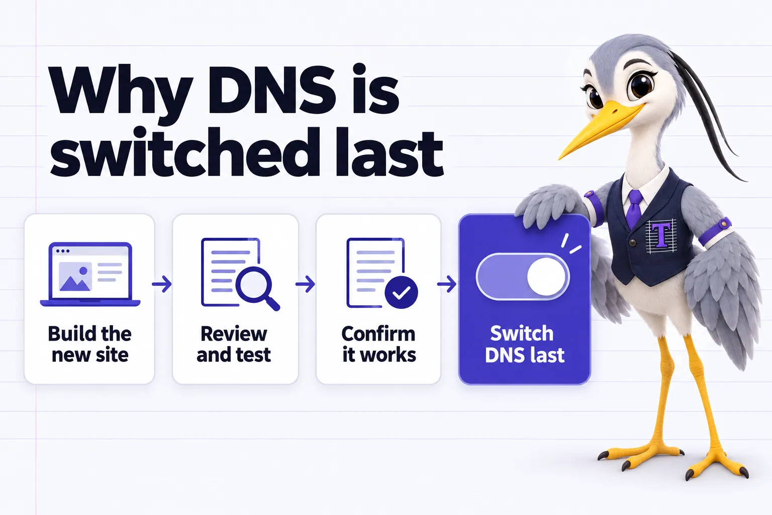Infographic with Ticker the heron mascot: Why DNS is switched last. Build the new site. Review and test. Confirm it works. Switch DNS last.