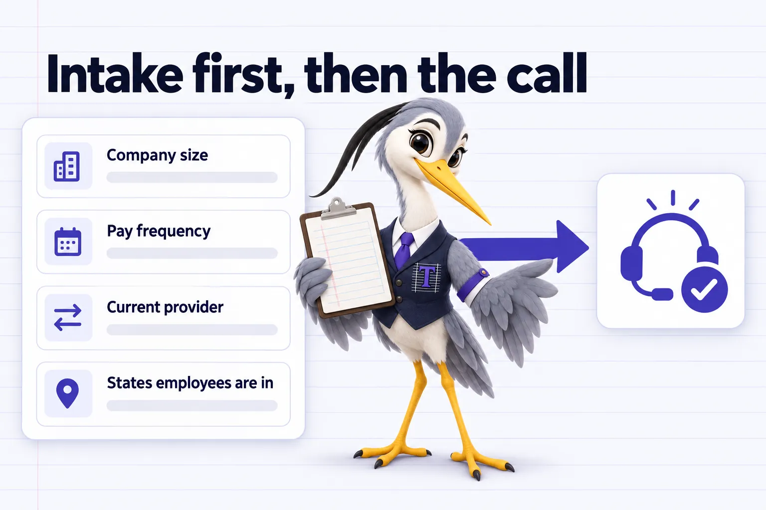 Infographic with Ticker the heron mascot: Intake first, then the call. Company size. Pay frequency. Current provider. States employees are in.