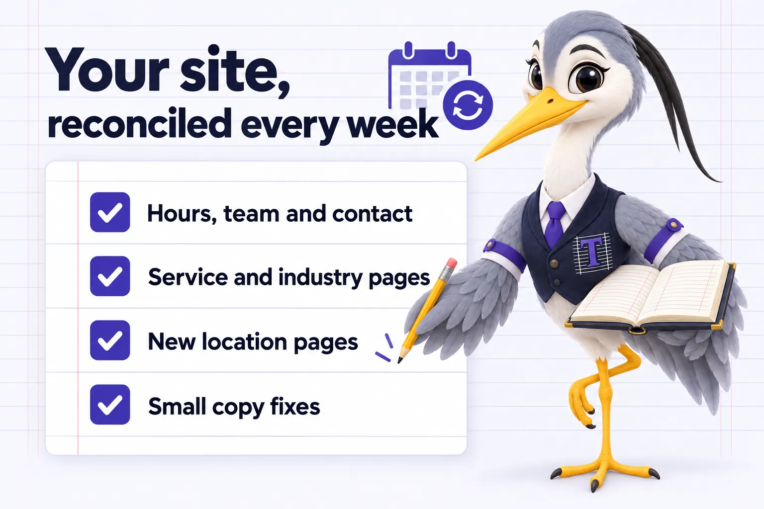 Infographic with Ticker the heron mascot: Your site, reconciled every week. Hours, team and contact. Service and industry pages. New location pages. Small copy fixes.
