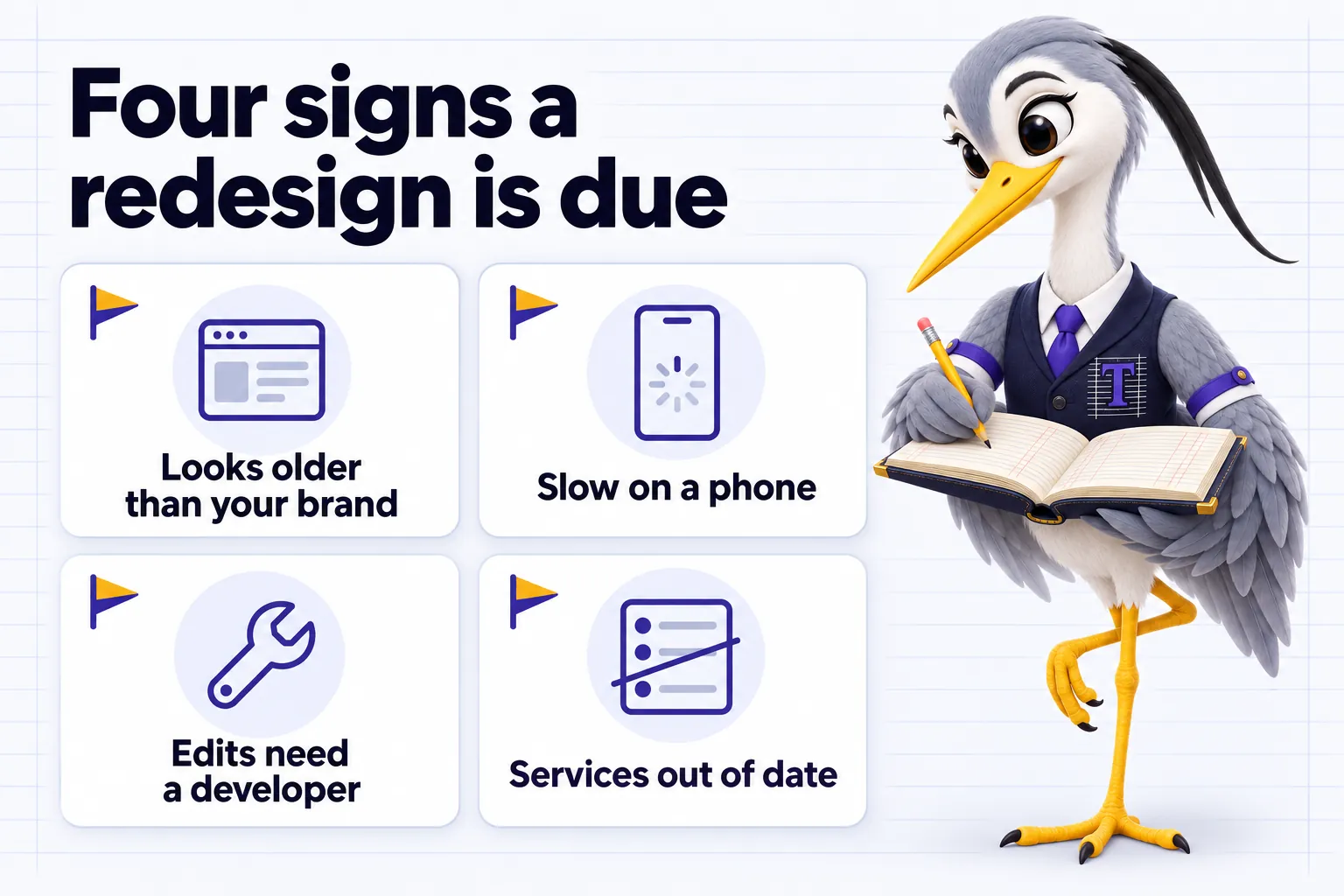 Infographic with Ticker the heron mascot: Four signs a redesign is due. Looks older than your brand. Slow on a phone. Edits need a developer. Services out of date.