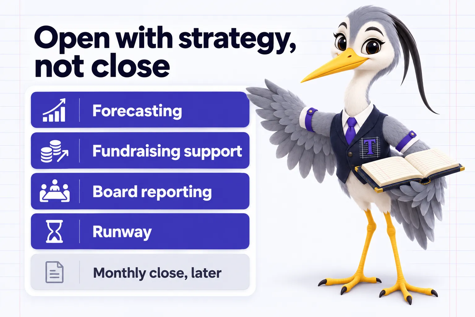 Infographic with Ticker the heron mascot: Open with strategy, not close. Forecasting. Fundraising support. Board reporting. Runway. Monthly close, later.