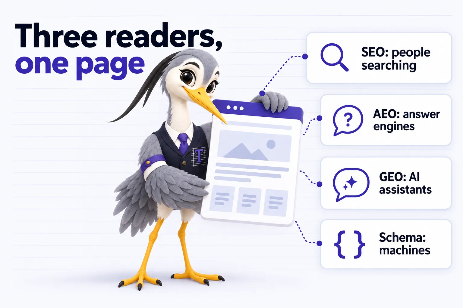 Infographic with Ticker the heron mascot: Three readers, one page. SEO: people searching. AEO: answer engines. GEO: AI assistants. Schema: machines.